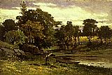 Stream Canvas Paintings - landscape, boat moored near stream, man walking in foreground